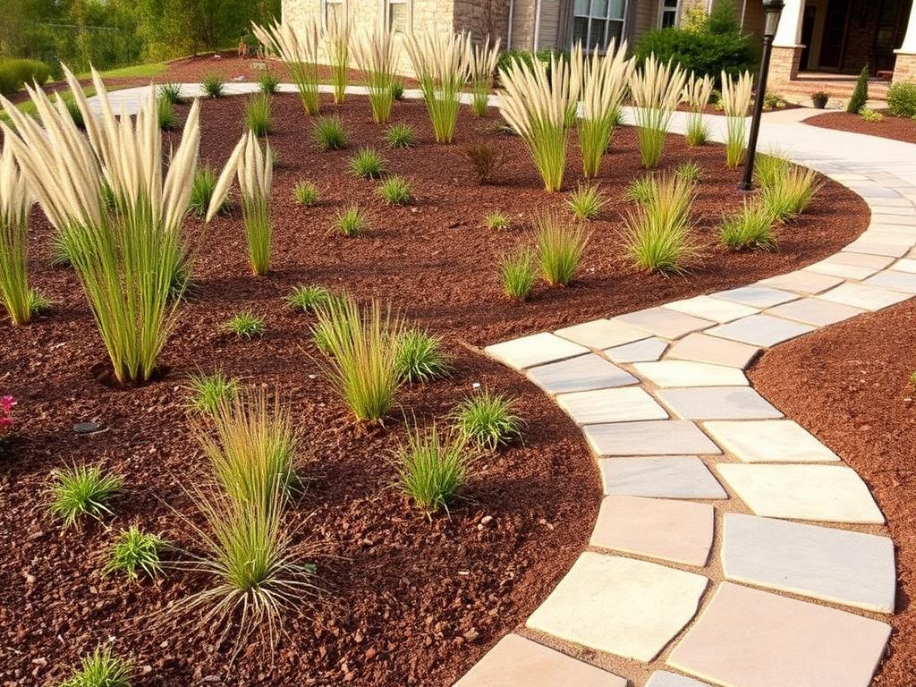 Stone pathway with garden beds and native plants