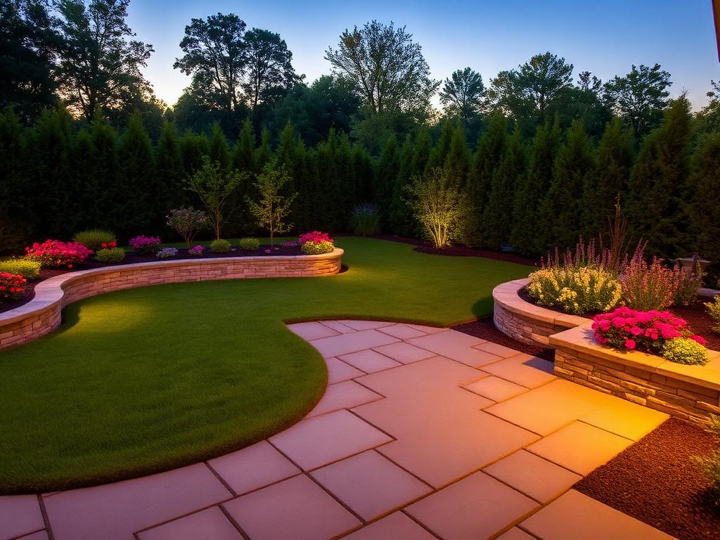 Backyard patio with pavers and lush landscaping
